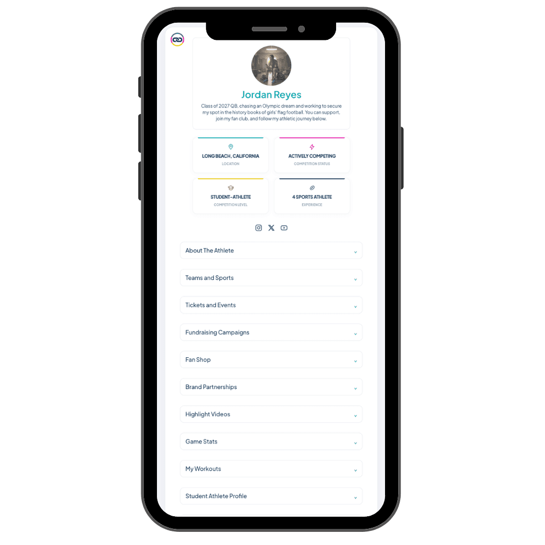 Jordan Reyes's Athlete Hub shown on a phone, including her bio, location, competition status, and section tabs for Teams and Sports, Tickets and Events, Fundraising Campaigns, Fan Shop, Brand Partnerships, and more.